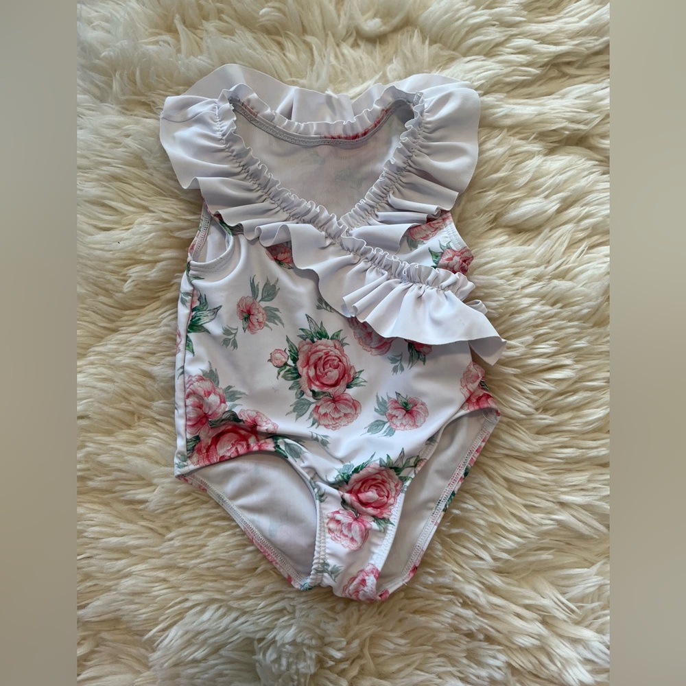 Ruffle one piece swimsuit, floral, front tie, 18-24m